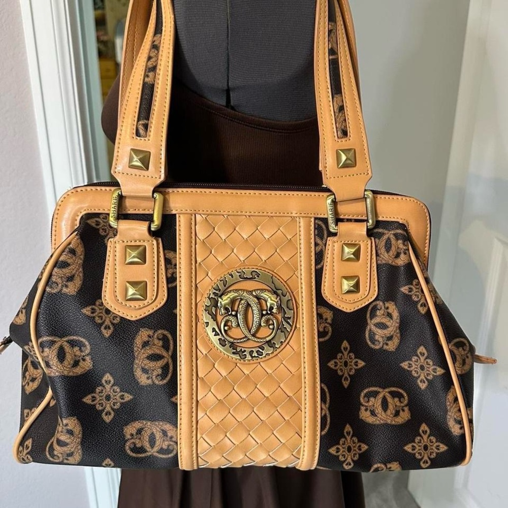 Sharif Tan and Black Patterned Shoulder Bag